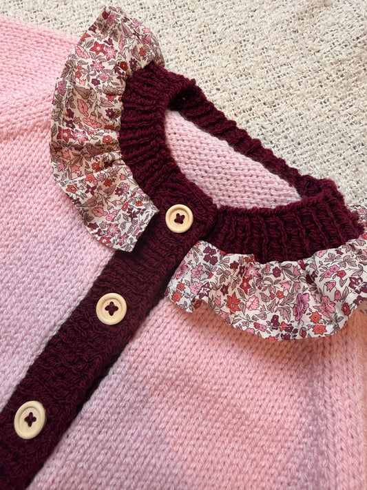12-18m burgundy & powder colour block cardigan with liberty collar