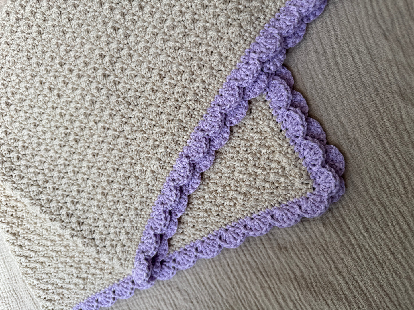 Stroller blanket hand crochet in cream and pale lilac