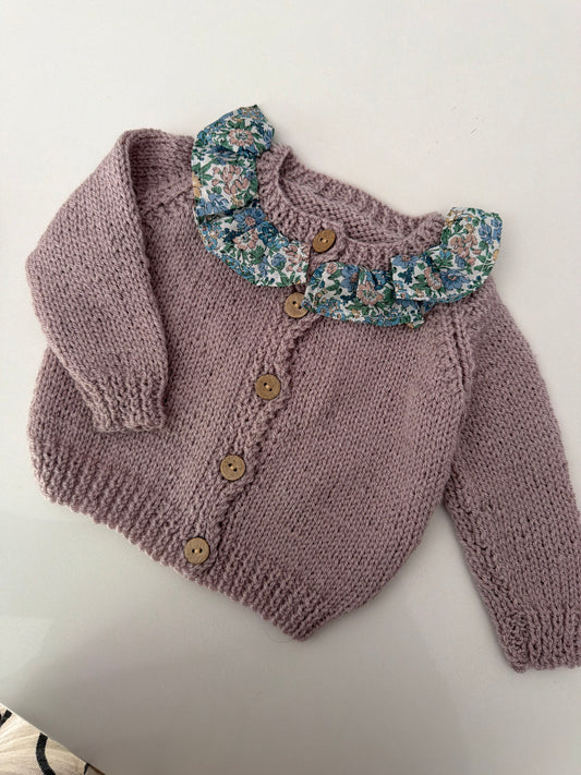 3-6m mushroom cardigan (Lilac undertone) with liberty collar