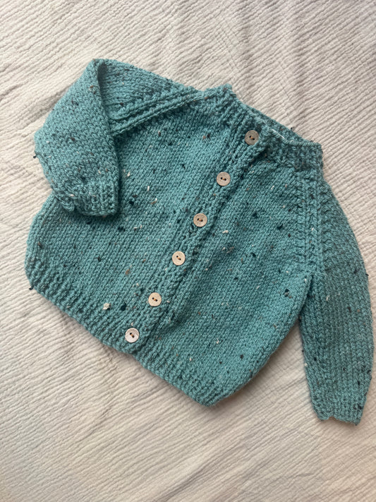 6-12months duck egg fleck Aran cardigan