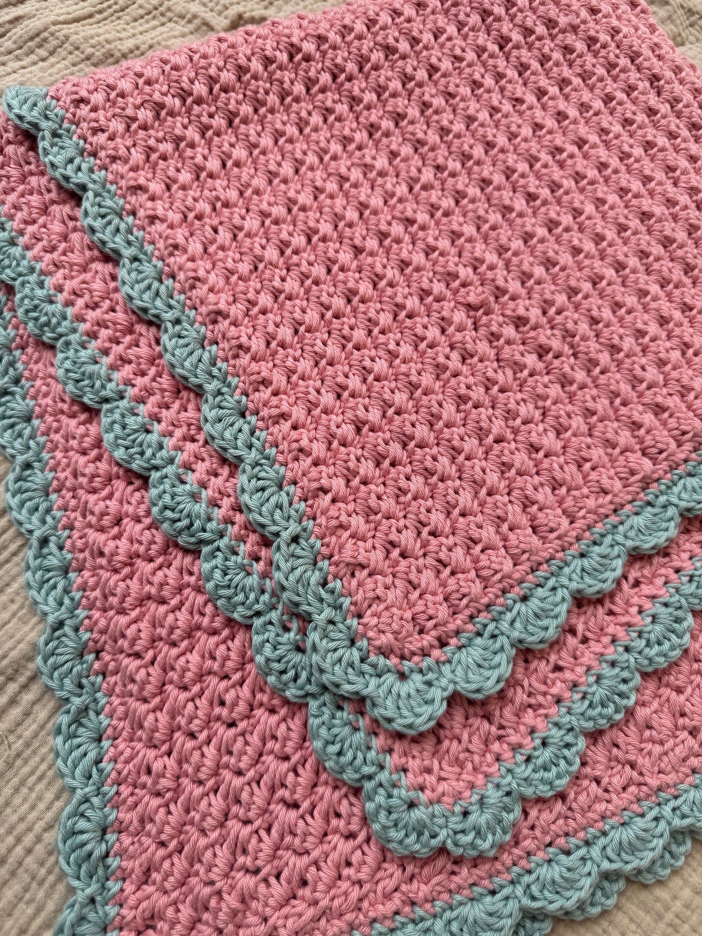 Stroller blanket hand crochet in blossom and duck egg