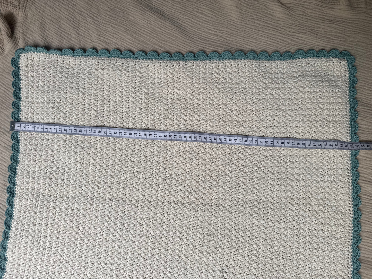 Stroller hand crochet in off white/seafoam blanket