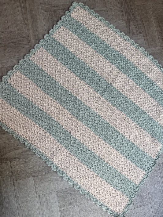 Stroller blanket hand crochet in vanilla & misty green stripe