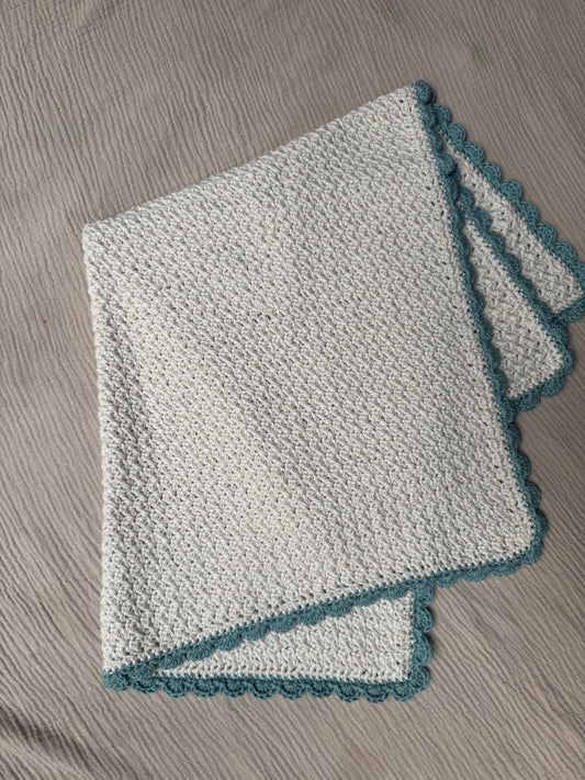 Stroller hand crochet in off white/seafoam blanket