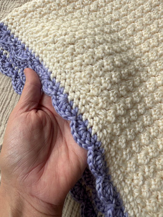stroller blanket hand crochet in cream and purple