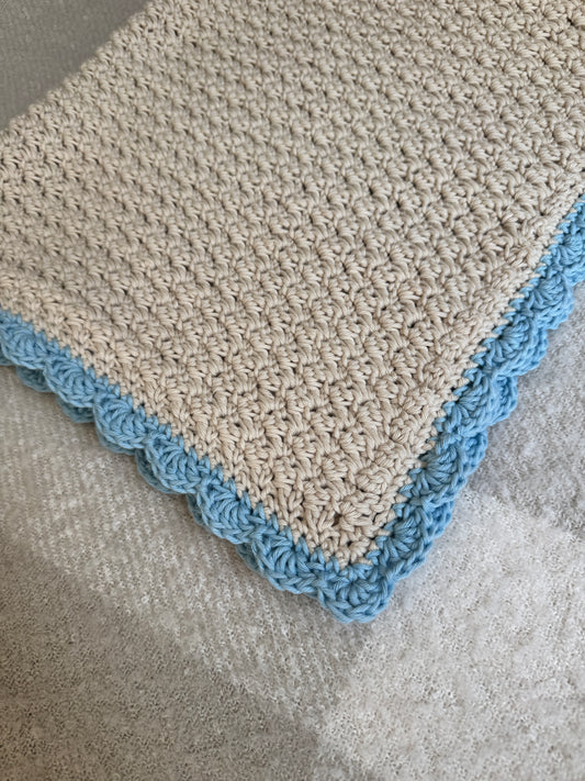 Stroller blanket hand crochet in cream and cloud blue
