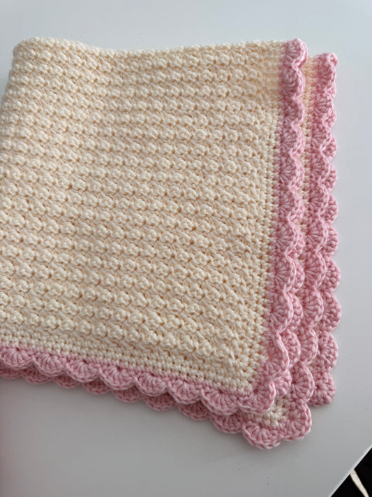 stroller blanket hand crochet in cream and soft pink