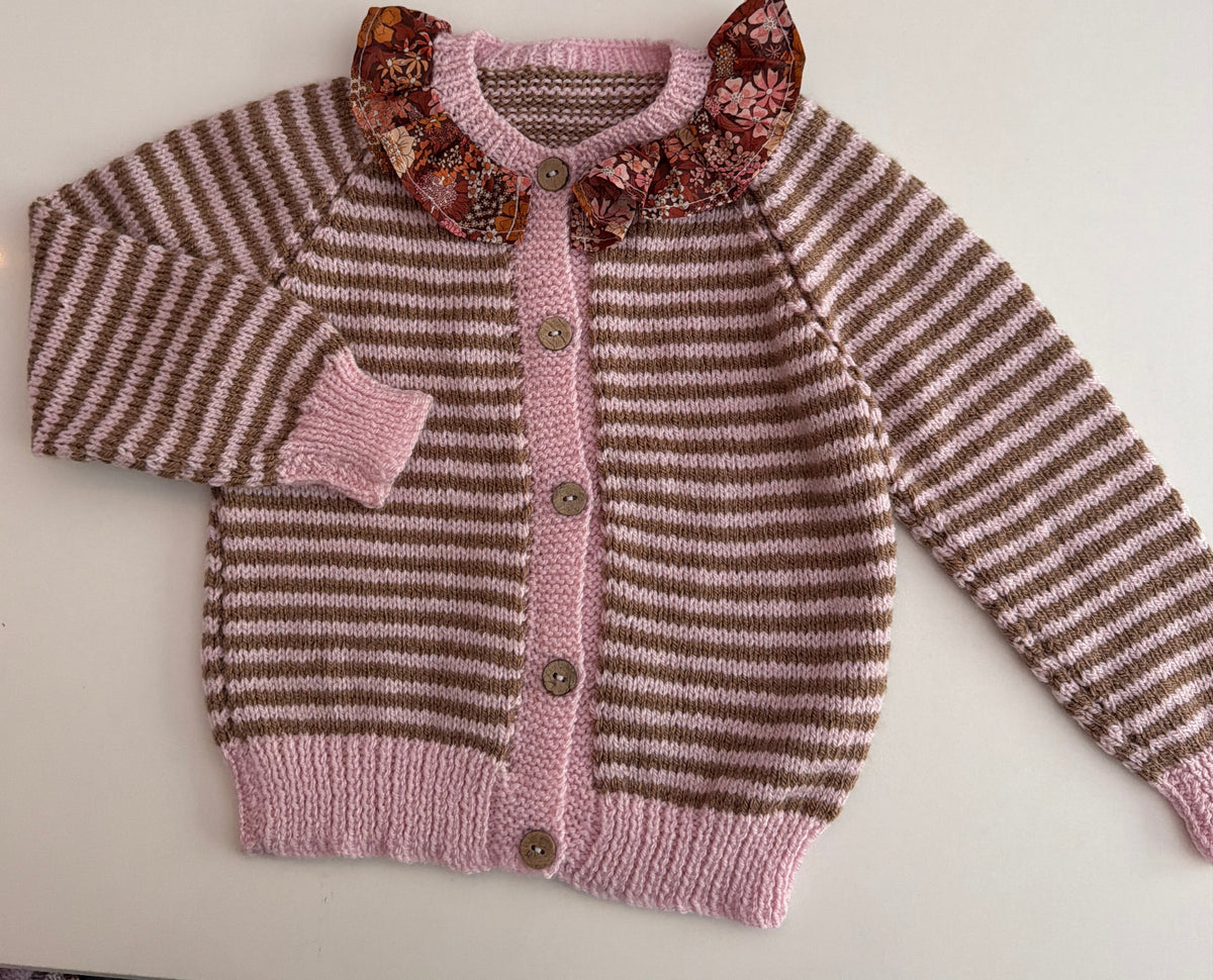 2-3 years pale pink and mocha stripe cardigan with liberty collar