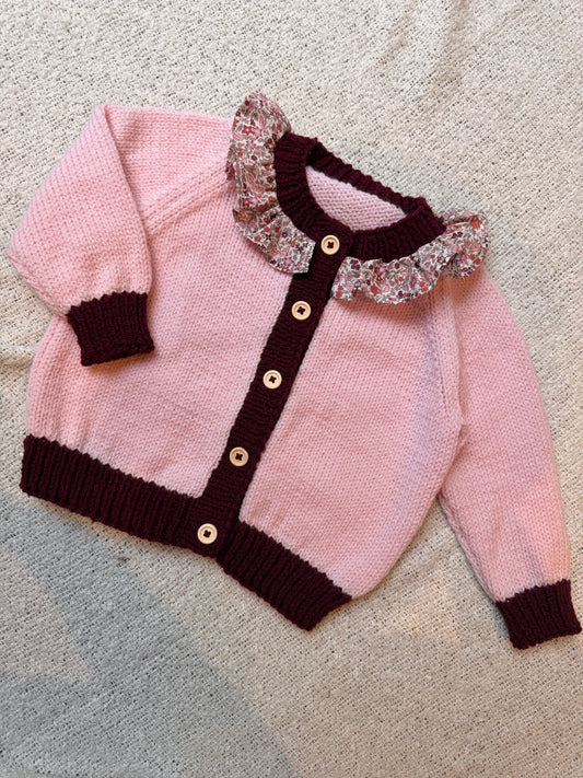 12-18m burgundy & powder colour block cardigan with liberty collar