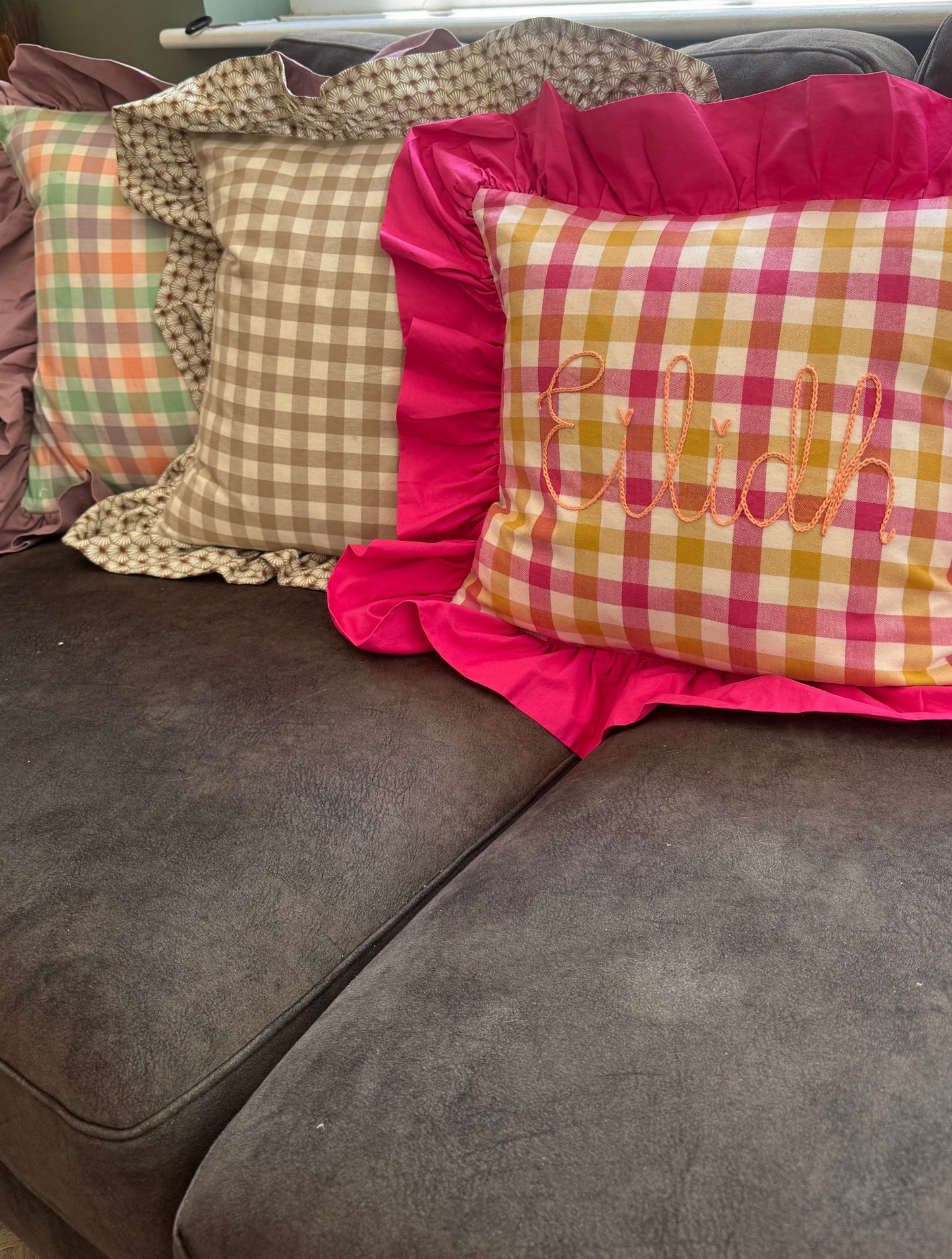 Embroidered personalised handmade cushion