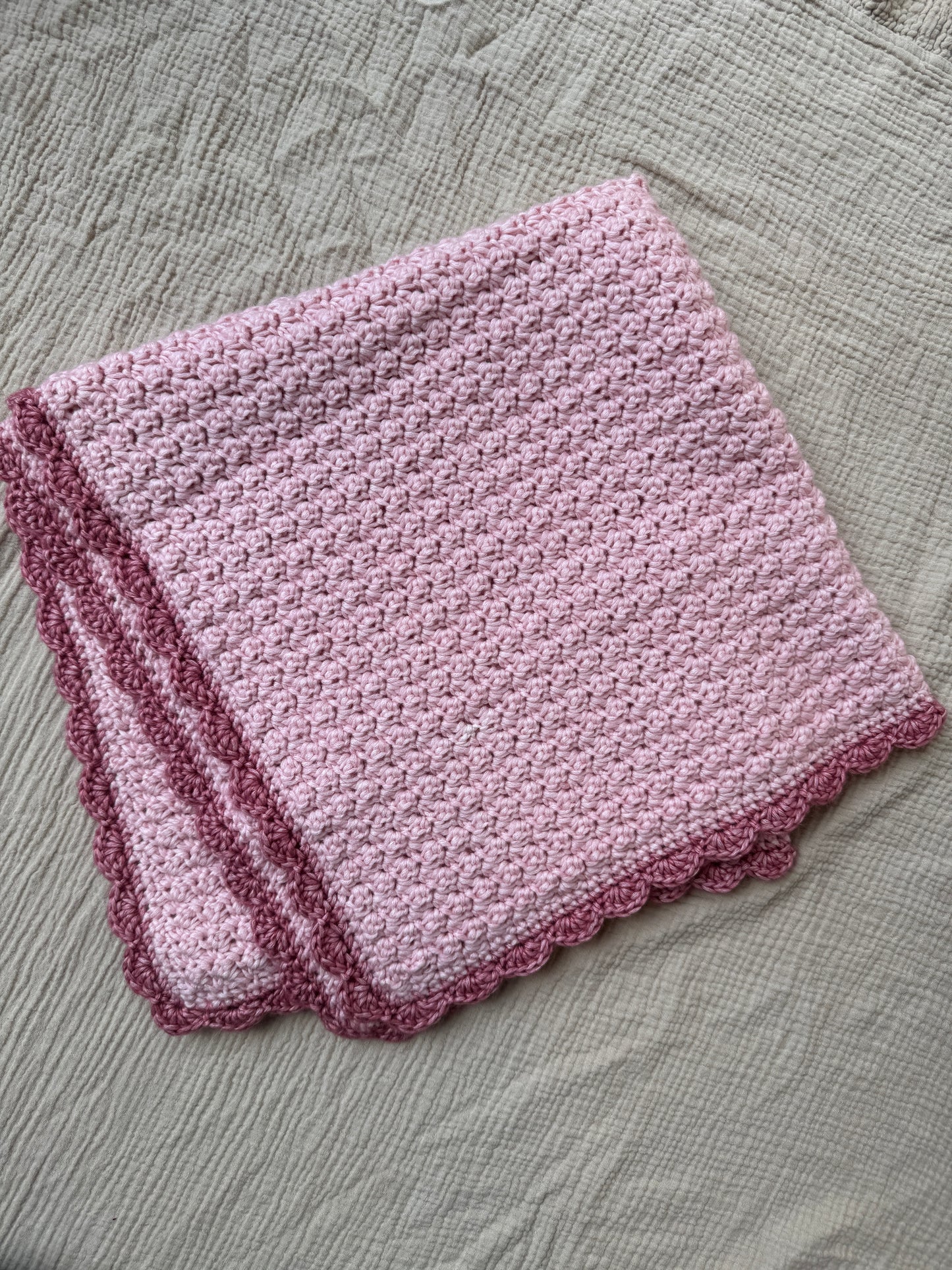 stroller blanket hand crochet in pale rose and pink