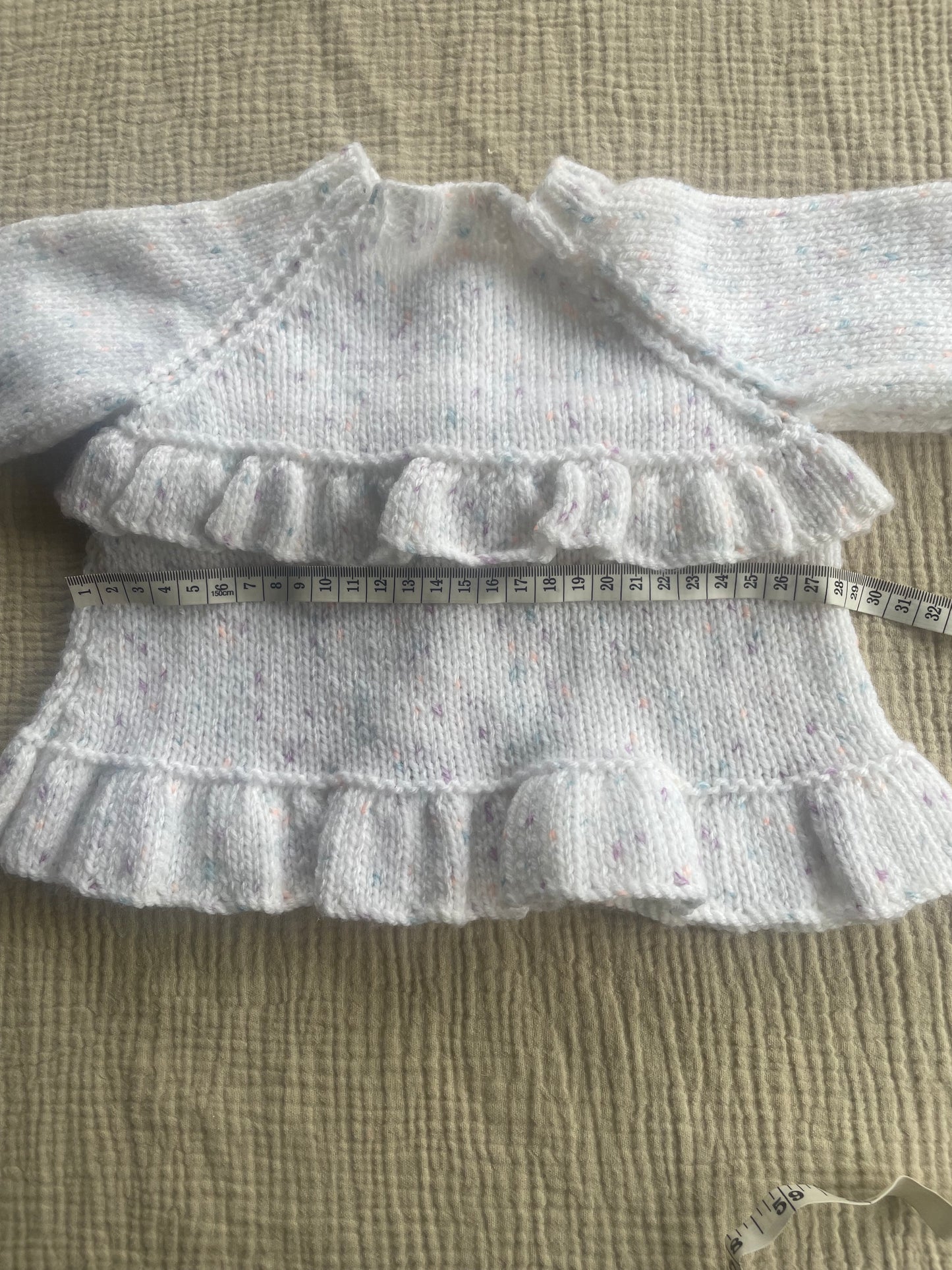 6-9m white ruffled cardigan with flecks