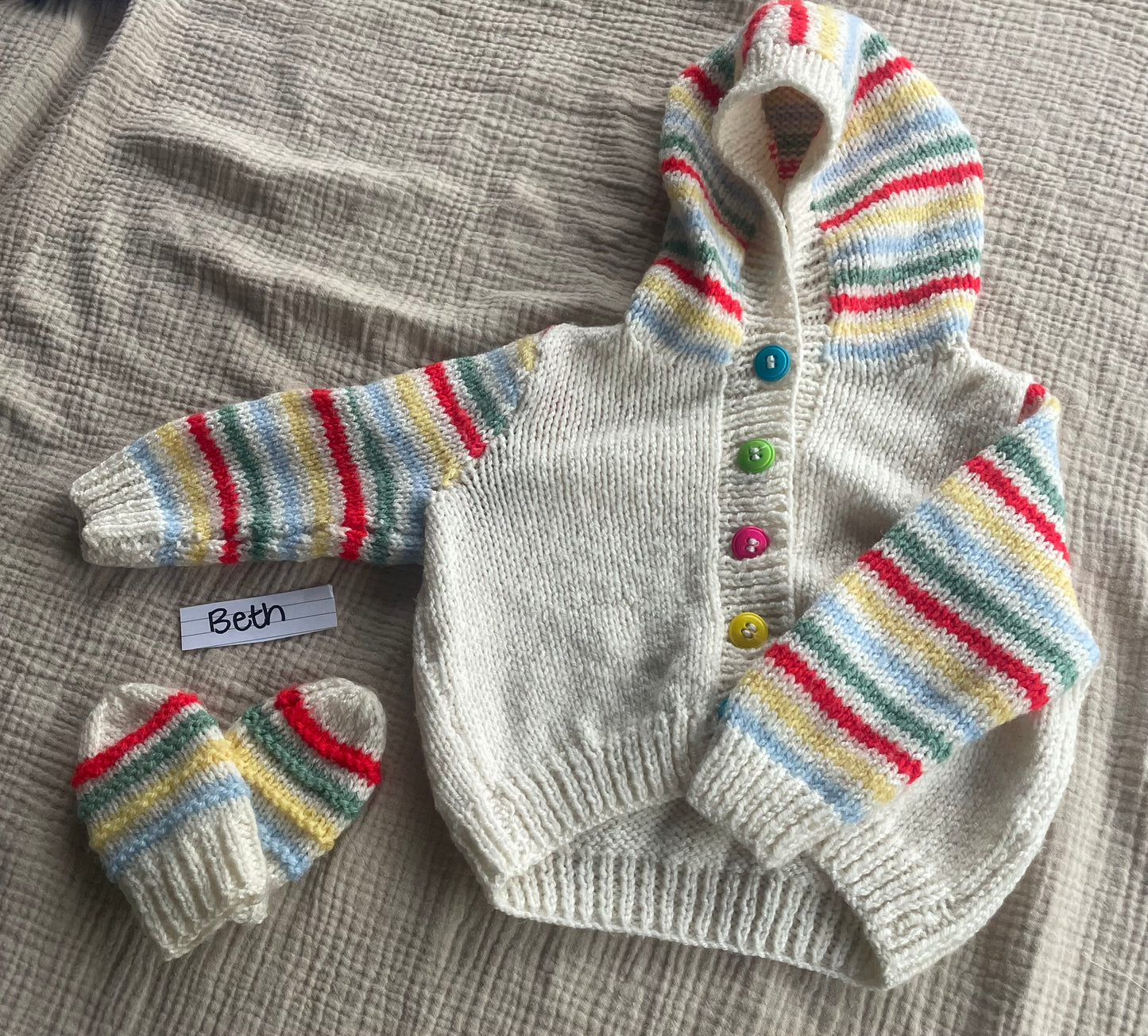 1-2years cream striped hooded cardigan with mittens