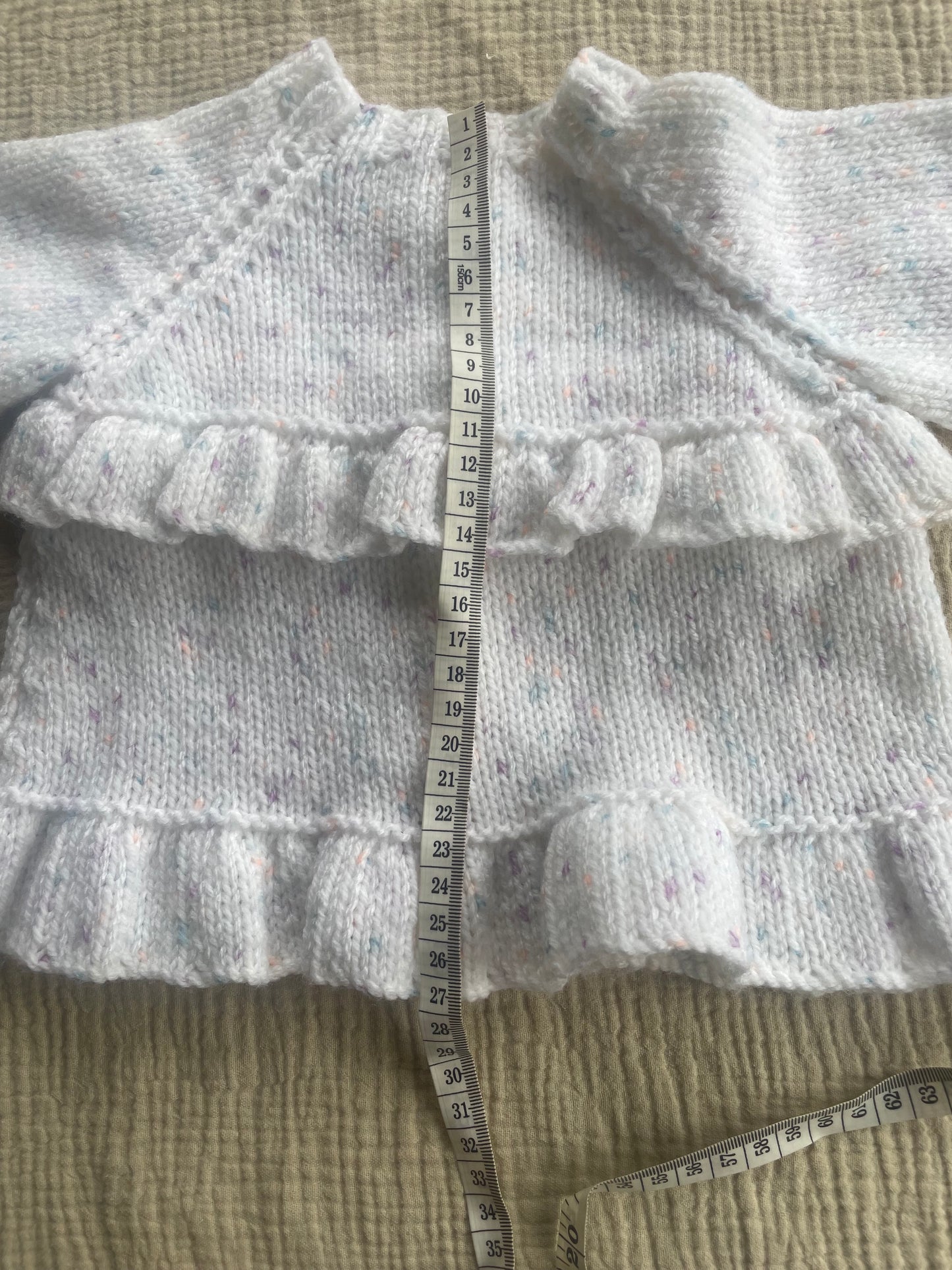 6-9m white ruffled cardigan with flecks