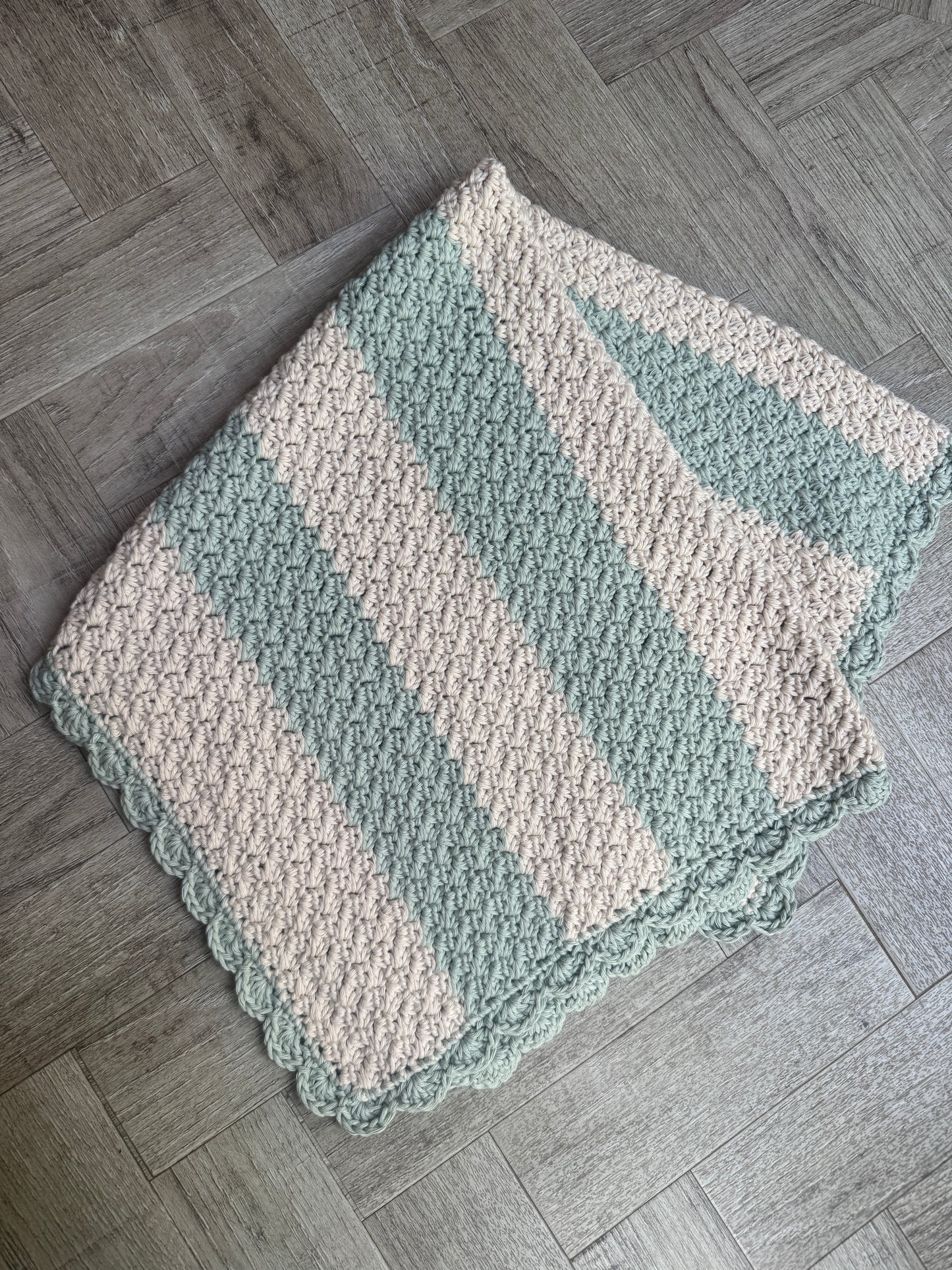 Stroller blanket hand crochet in vanilla & misty green stripe
