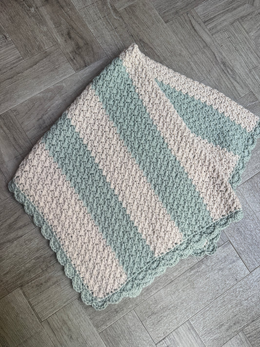 Stroller blanket hand crochet in vanilla & misty green stripe
