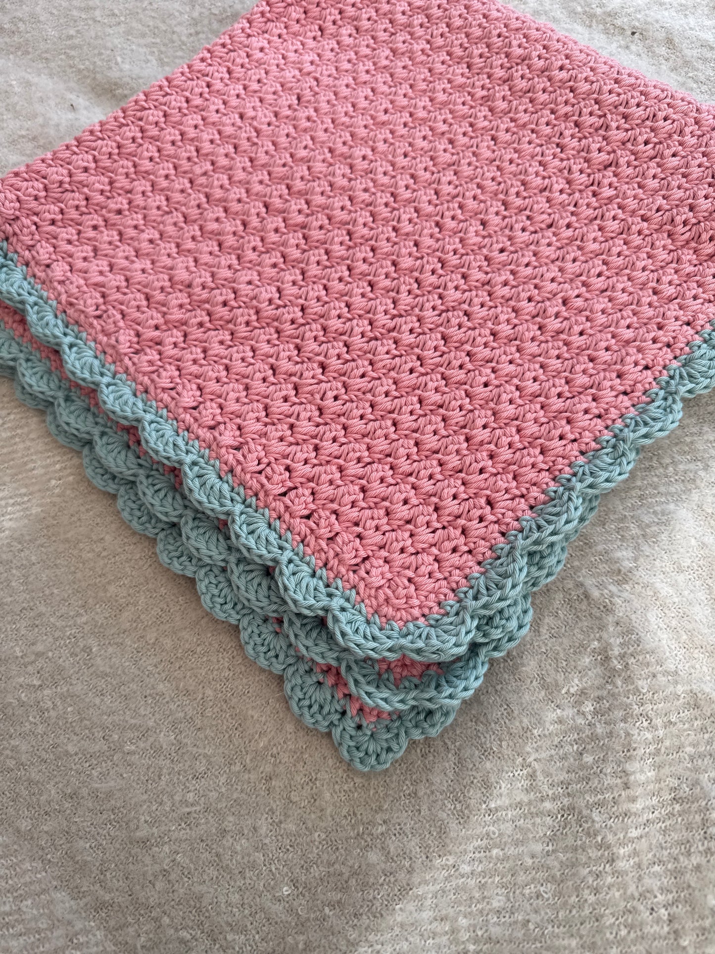 Stroller blanket hand crochet in blossom and duck egg
