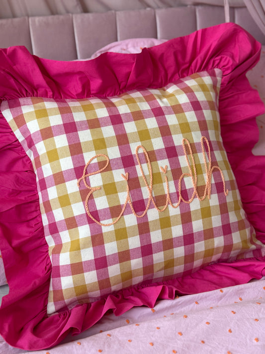 Embroidered personalised handmade cushion