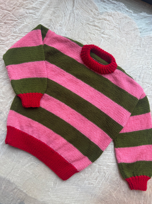 3 -5 years green and pink stripe jumper