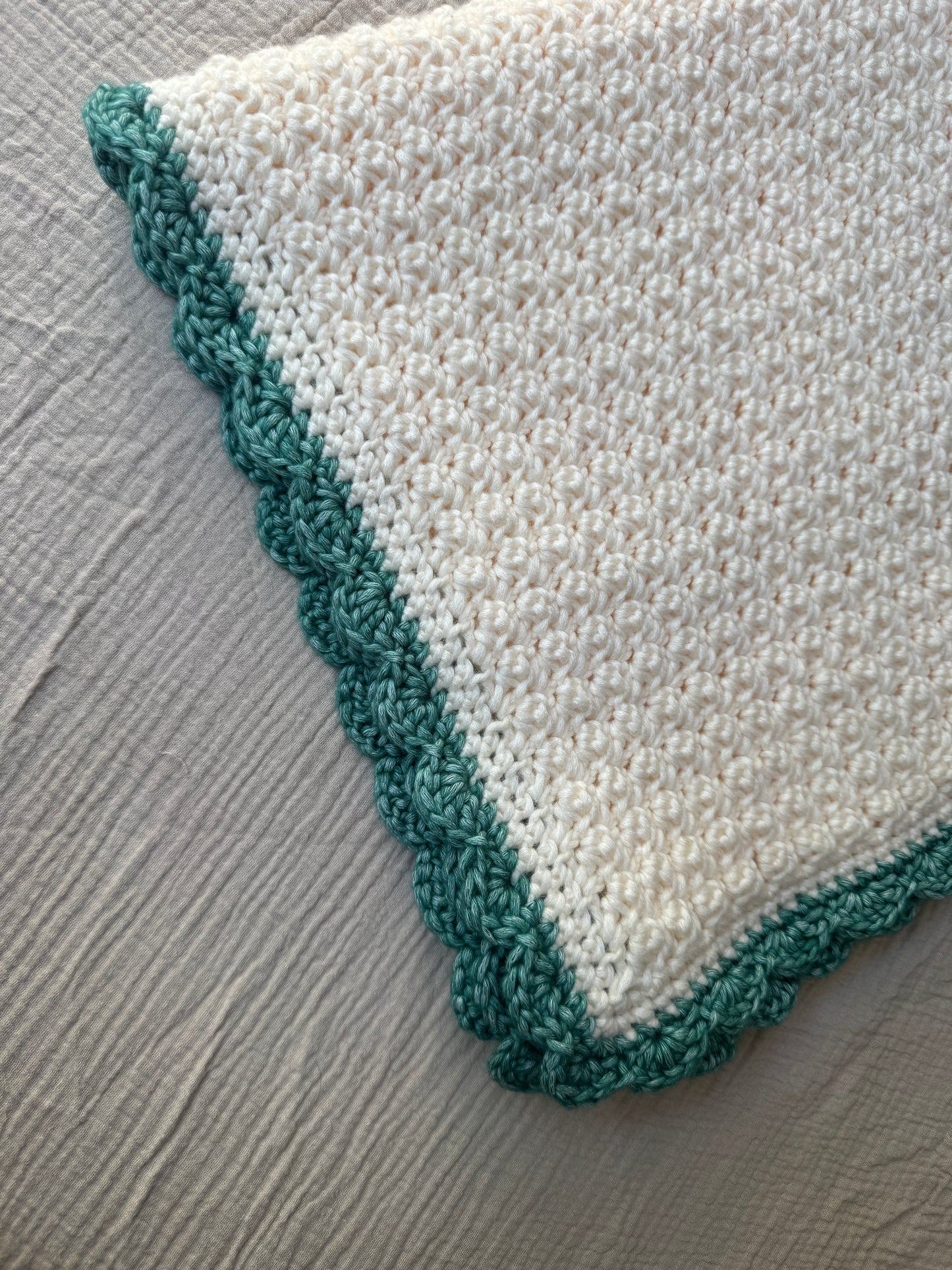 stroller blanket hand crochet in cream and green