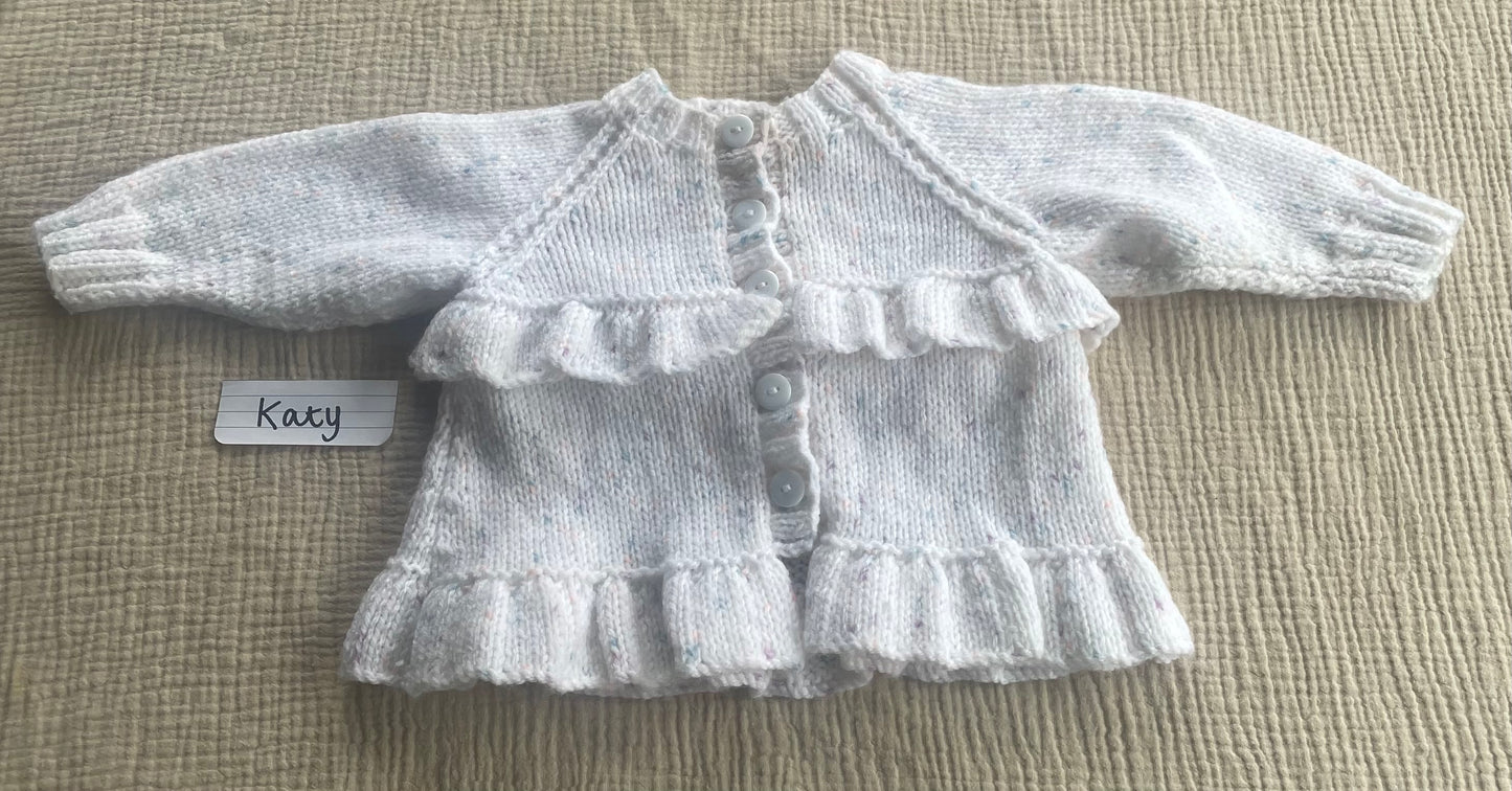6-9m white ruffled cardigan with flecks