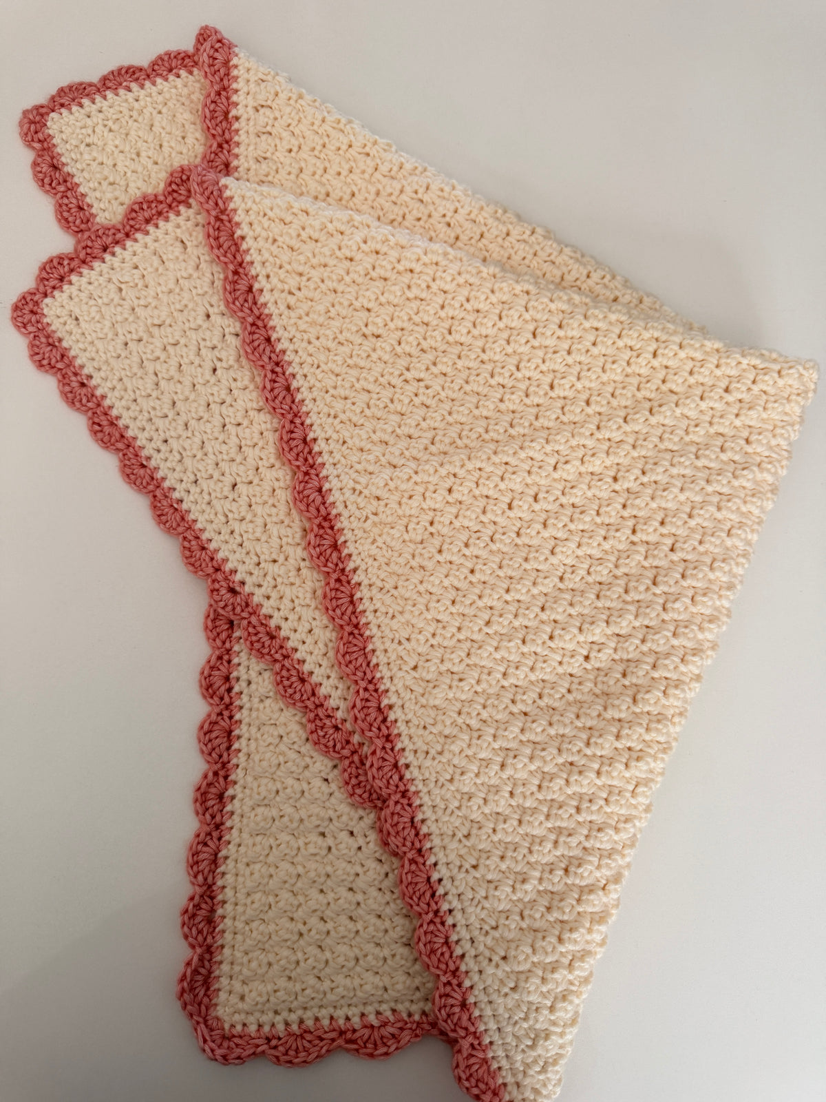 stroller blanket hand crochet in cream and coral