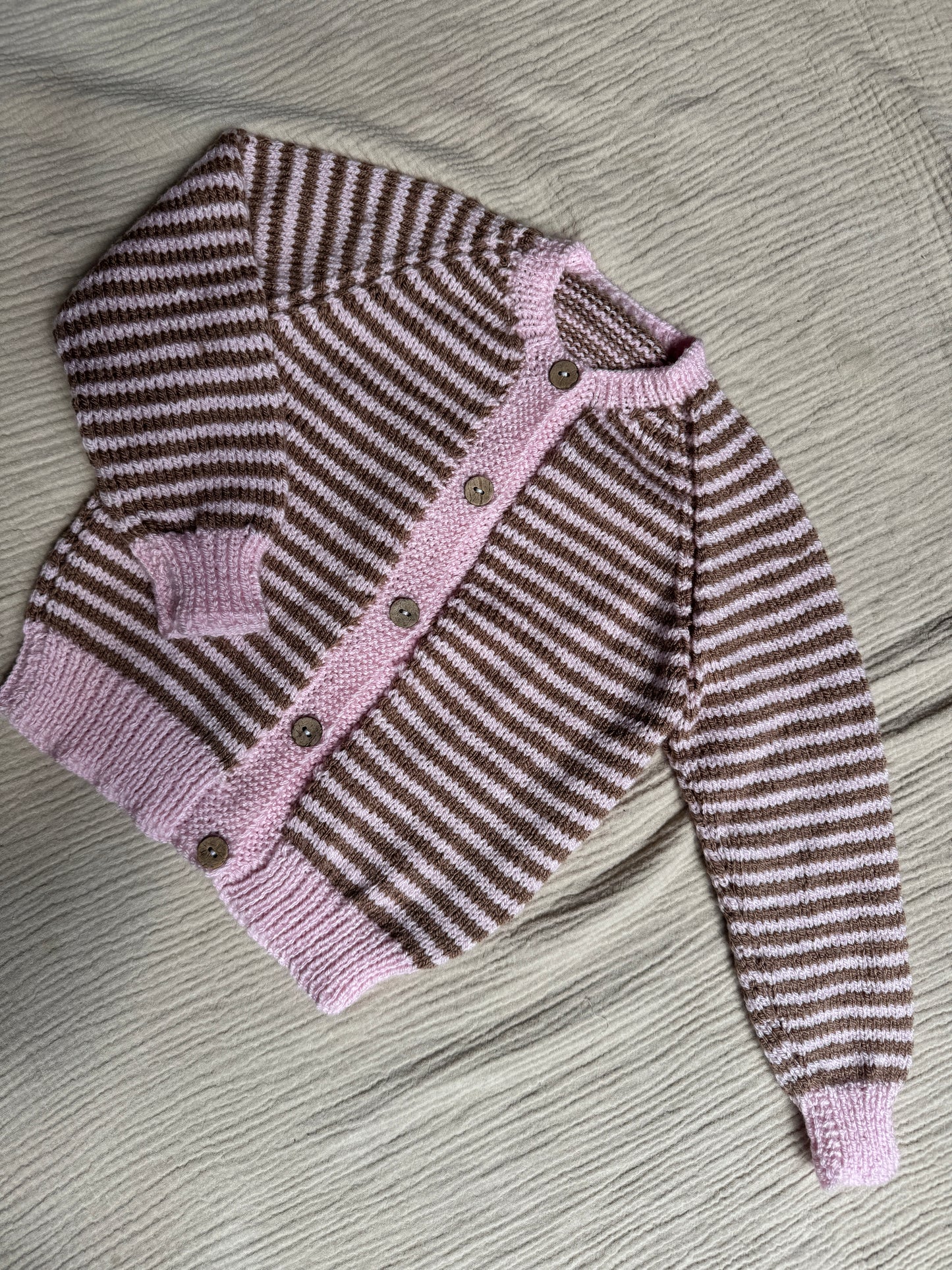 2-3 years pale pink and mocha stripe cardigan