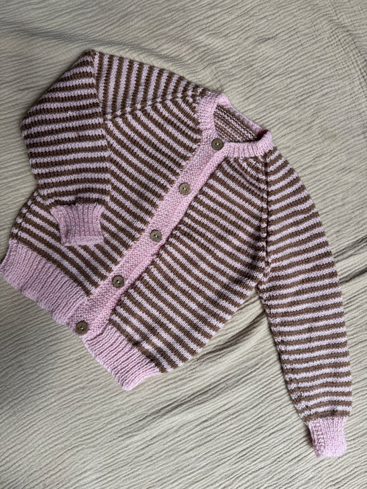 2-3 years pale pink and mocha stripe cardigan