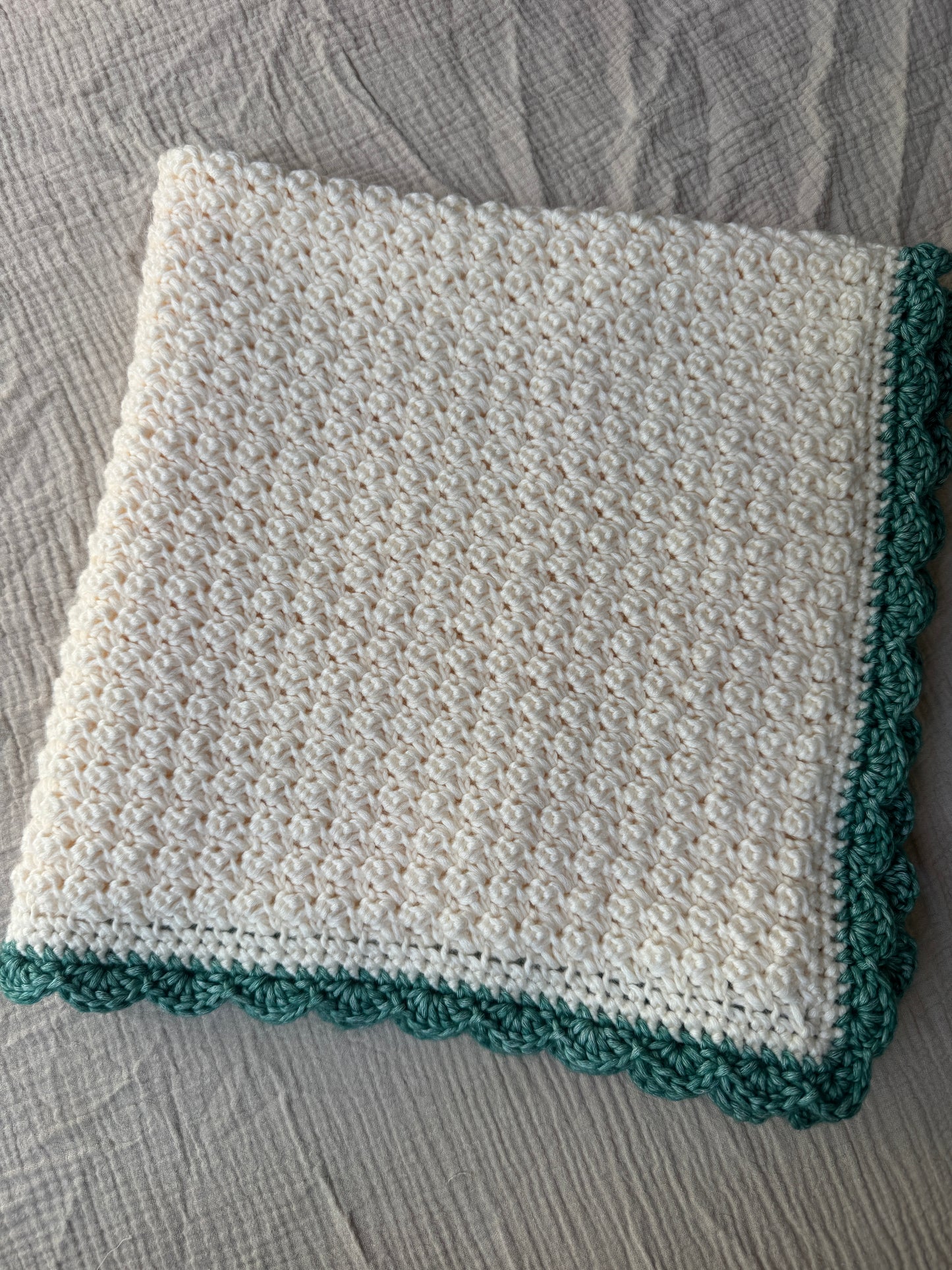 stroller blanket hand crochet in cream and green
