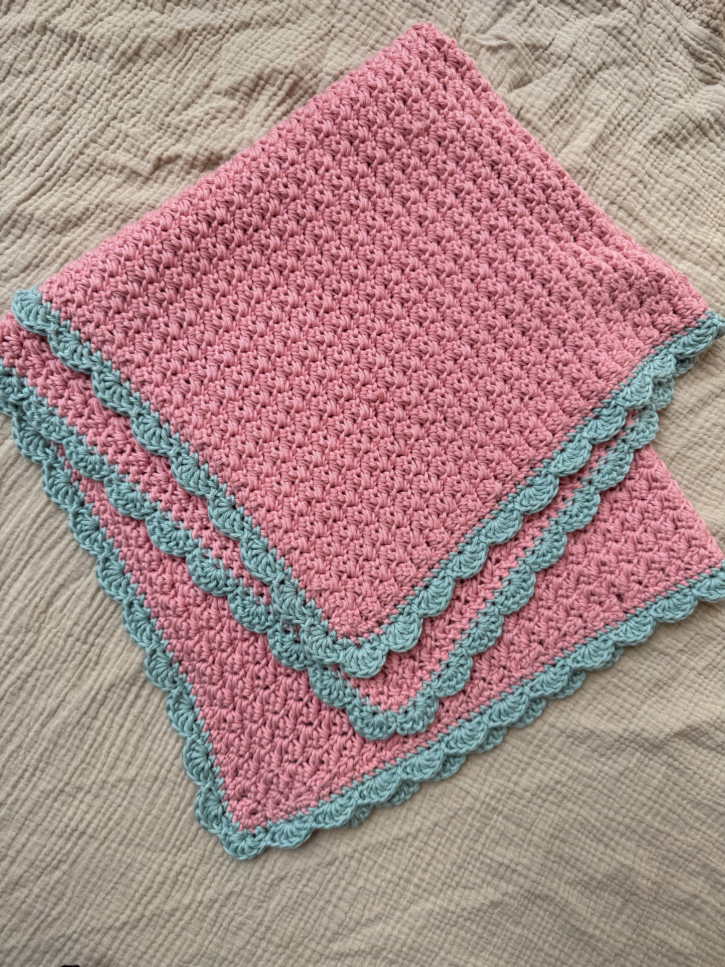 Stroller blanket hand crochet in blossom and duck egg