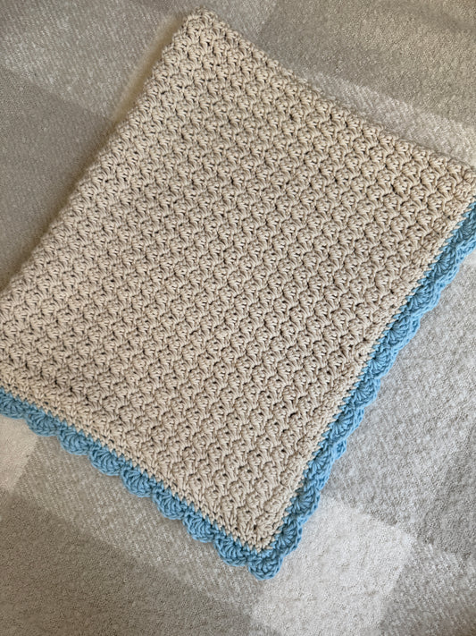 Stroller blanket hand crochet in cream and cloud blue