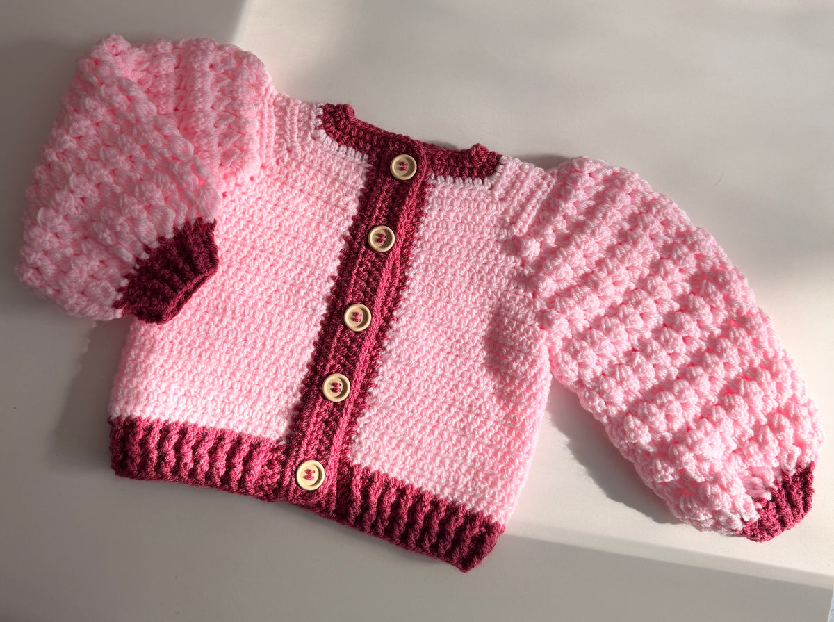 1-2 years powder and raspberry crochet Aran cardigan