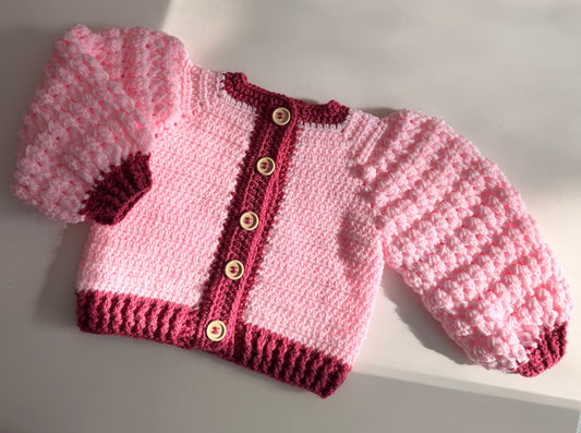 1-2 years powder and raspberry crochet Aran cardigan