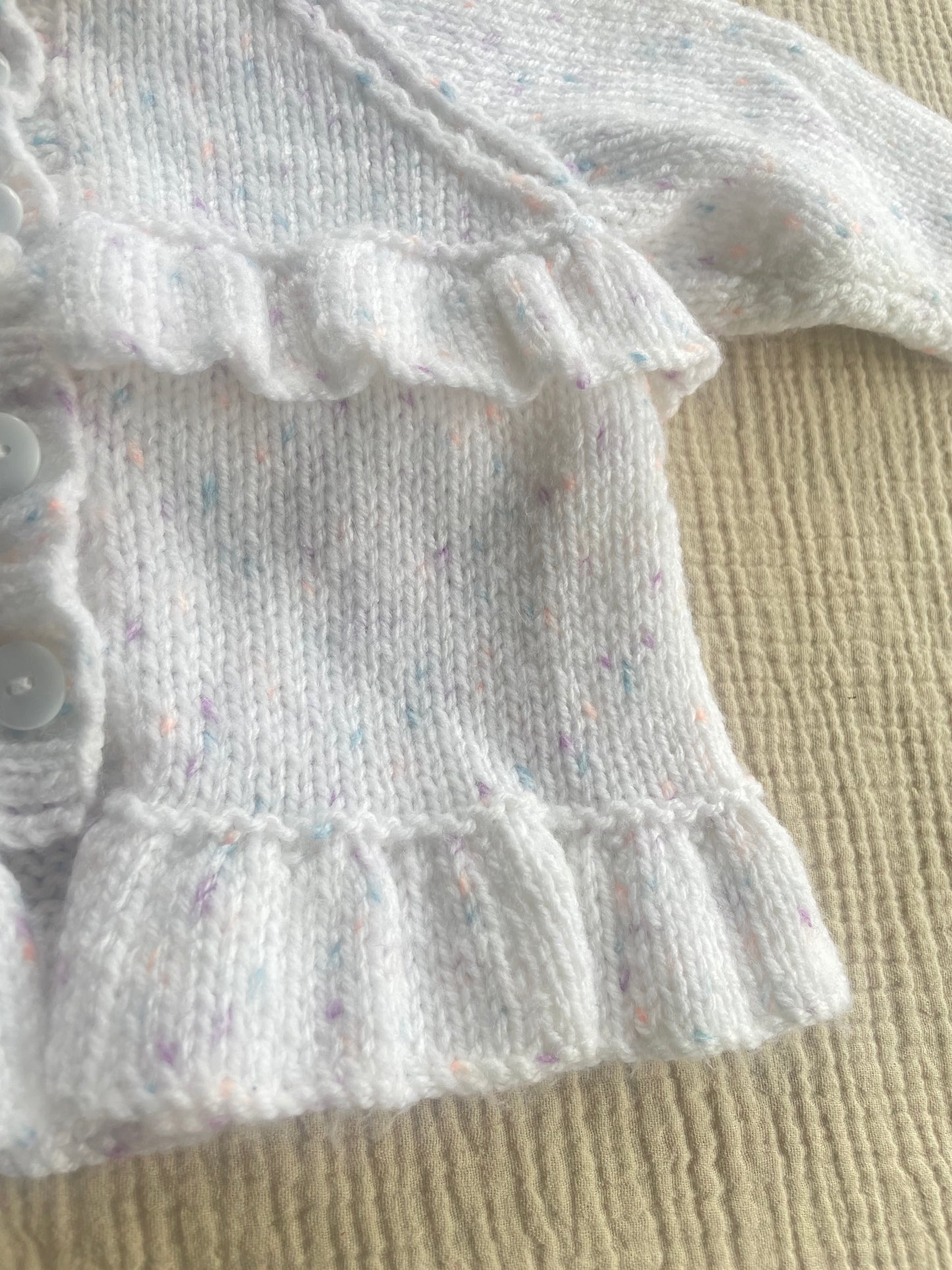 6-9m white ruffled cardigan with flecks