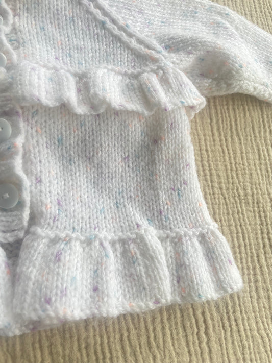 6-9m white ruffled cardigan with flecks