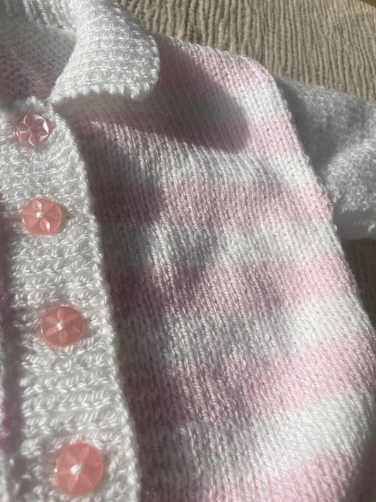 9-12m white and pink striped cardigan