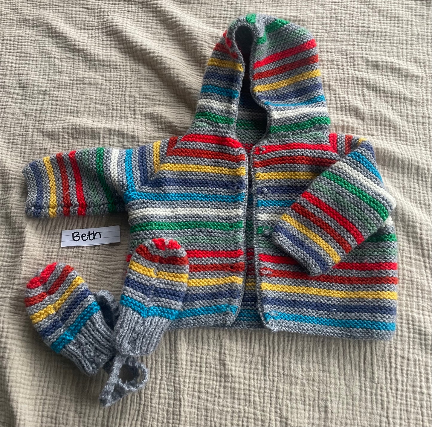 1-2years multicoloured striped cardigan with matching mittens