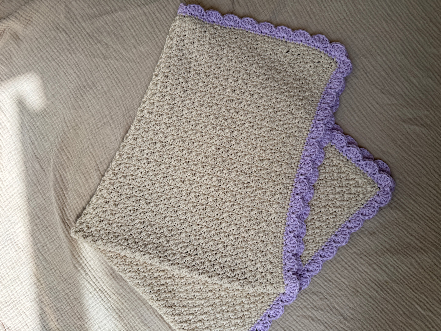 Stroller blanket hand crochet in cream and pale lilac