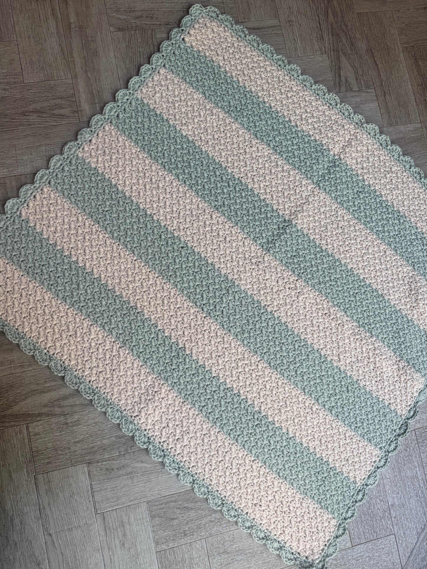 Stroller blanket hand crochet in vanilla & misty green stripe