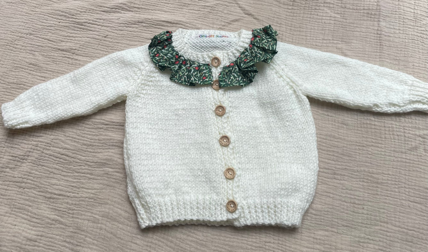 3-6m pale cream cardigan with a liberty collar