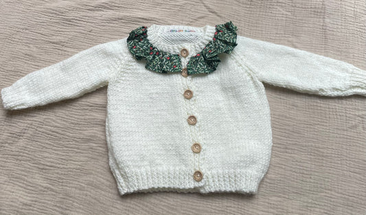 3-6m pale cream cardigan with a liberty collar