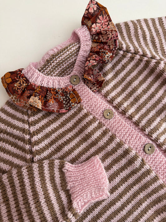 2-3 years pale pink and mocha stripe cardigan with liberty collar