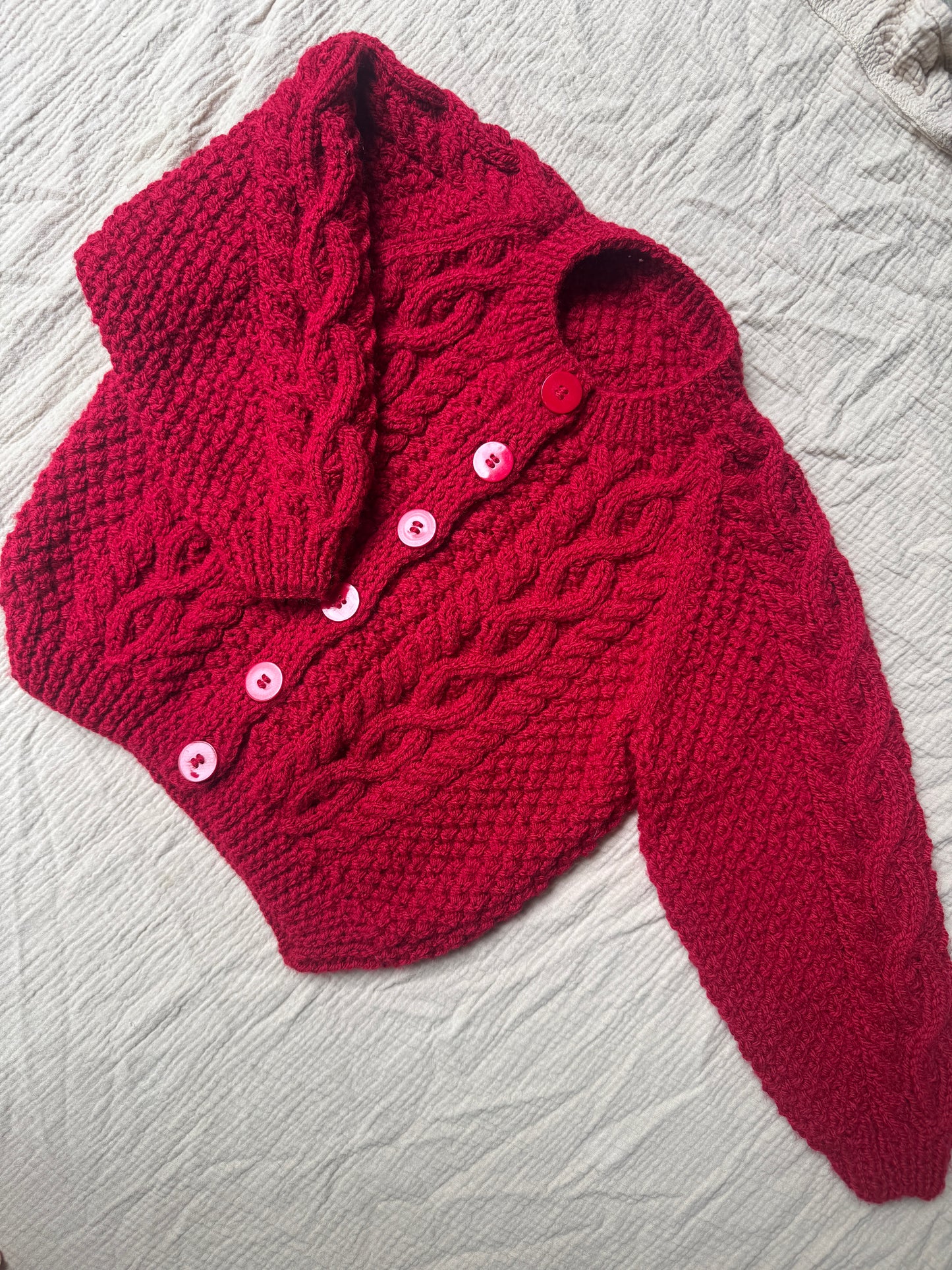 2-3 years claret Aran cardigan