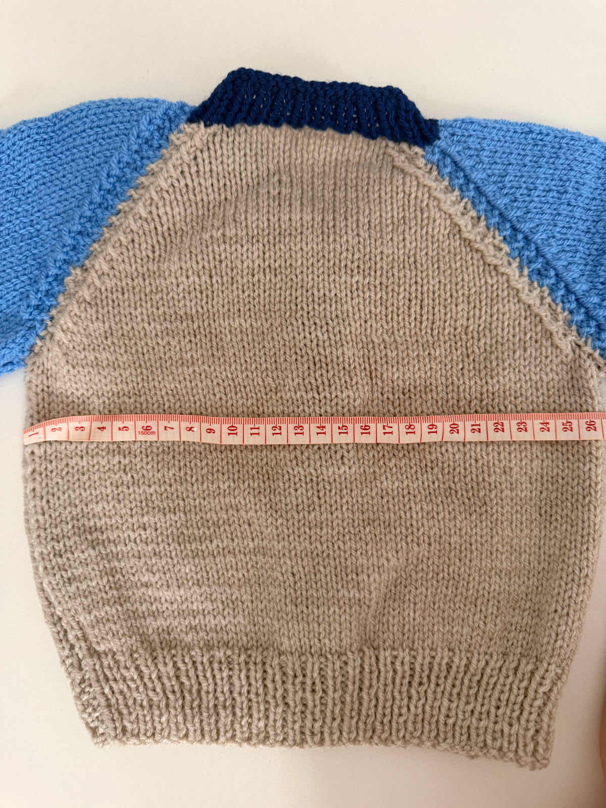6-9 months oatmeal and blue cardigan