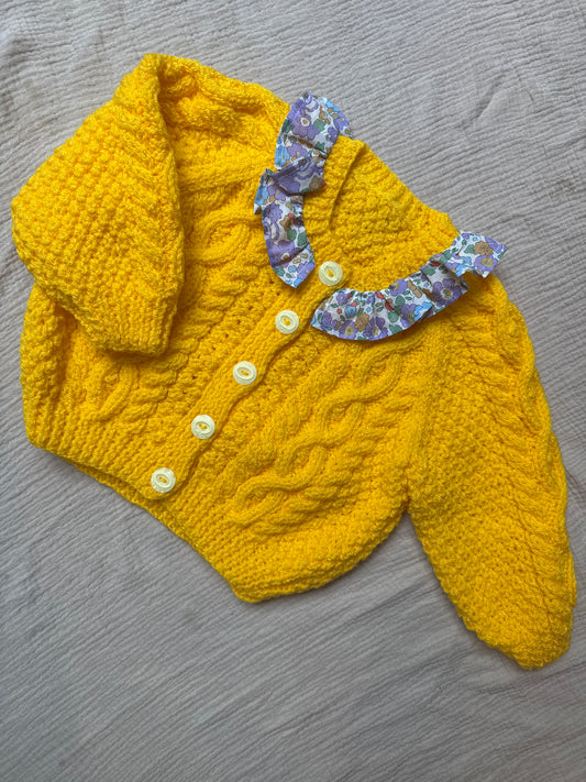 1-2 years cornflower yellow Aran cardigan with collar