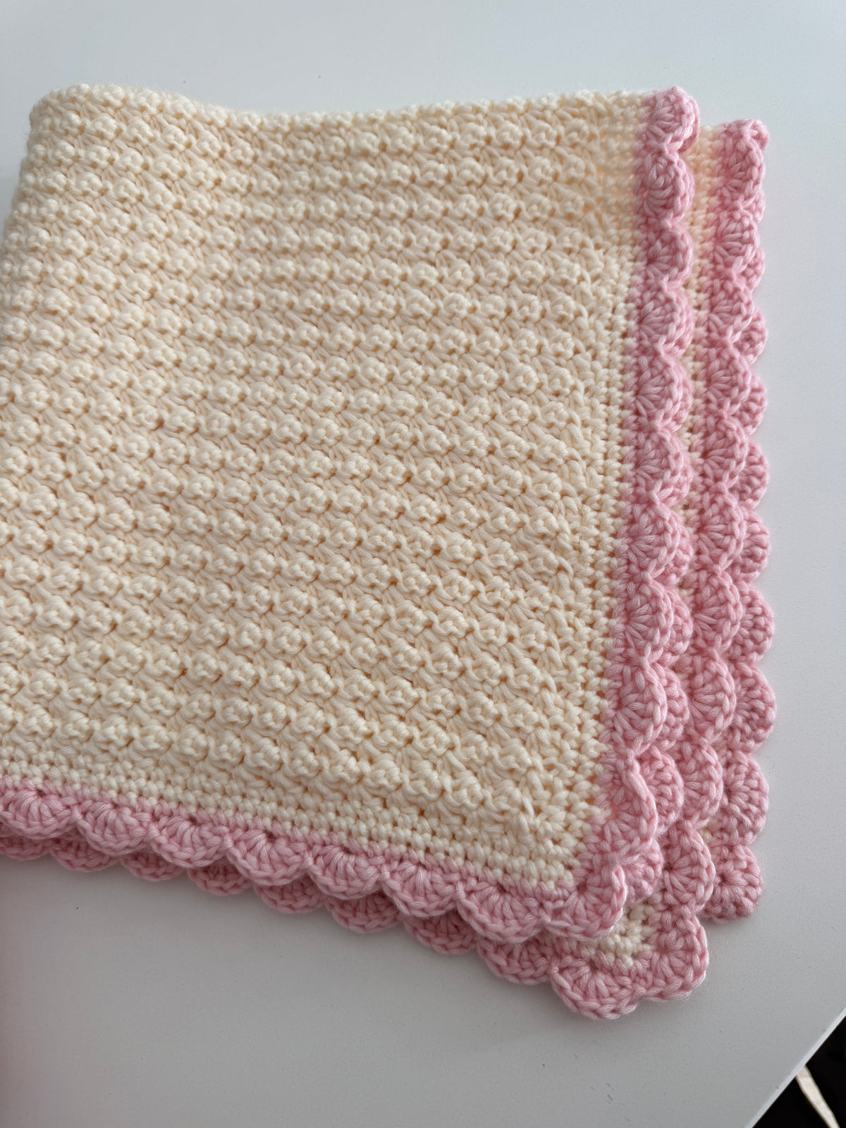 stroller blanket hand crochet in cream and soft pink