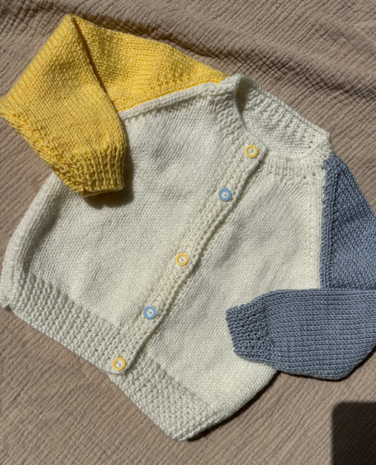 6-12m cream with blue/yellow colour block cardigan