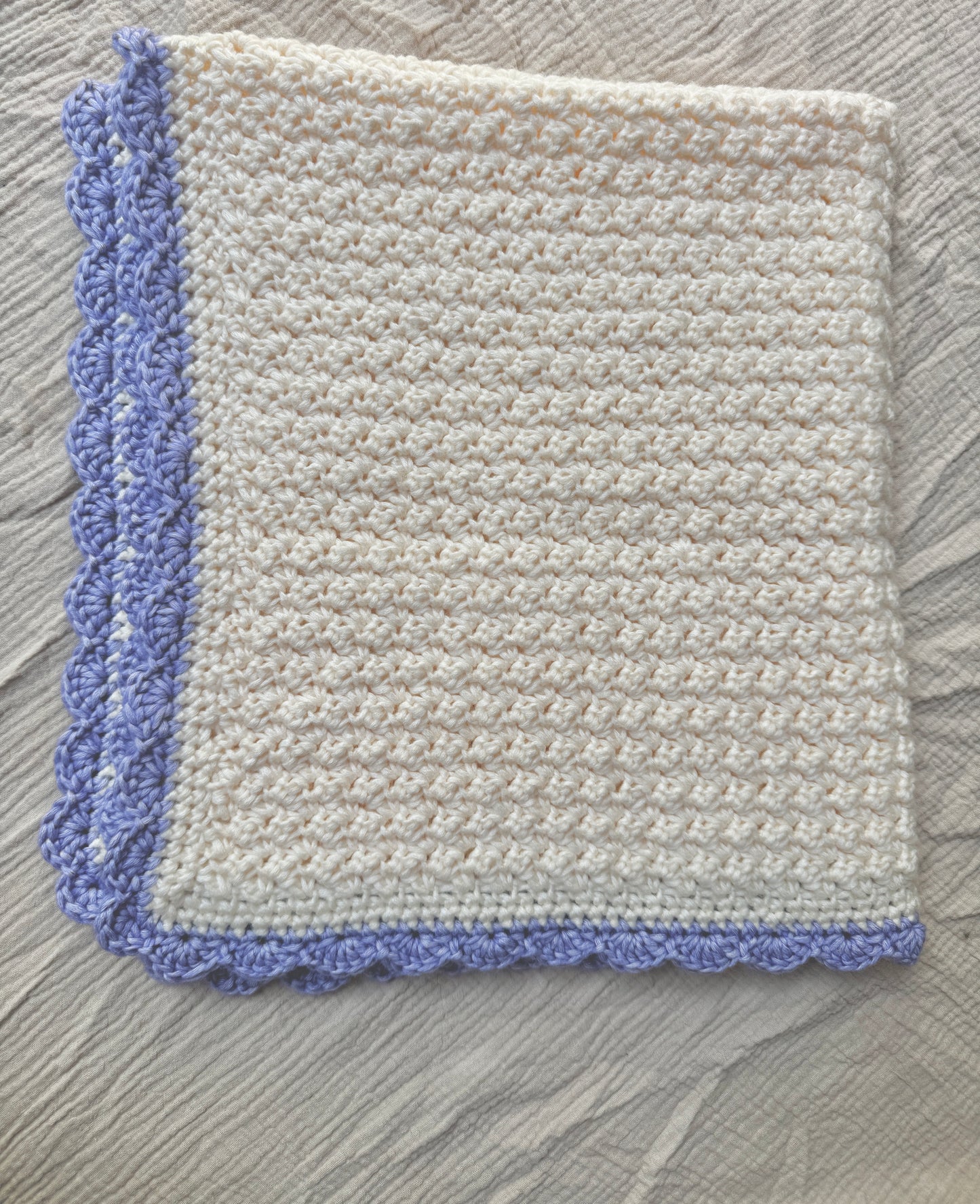 stroller blanket hand crochet in cream and purple