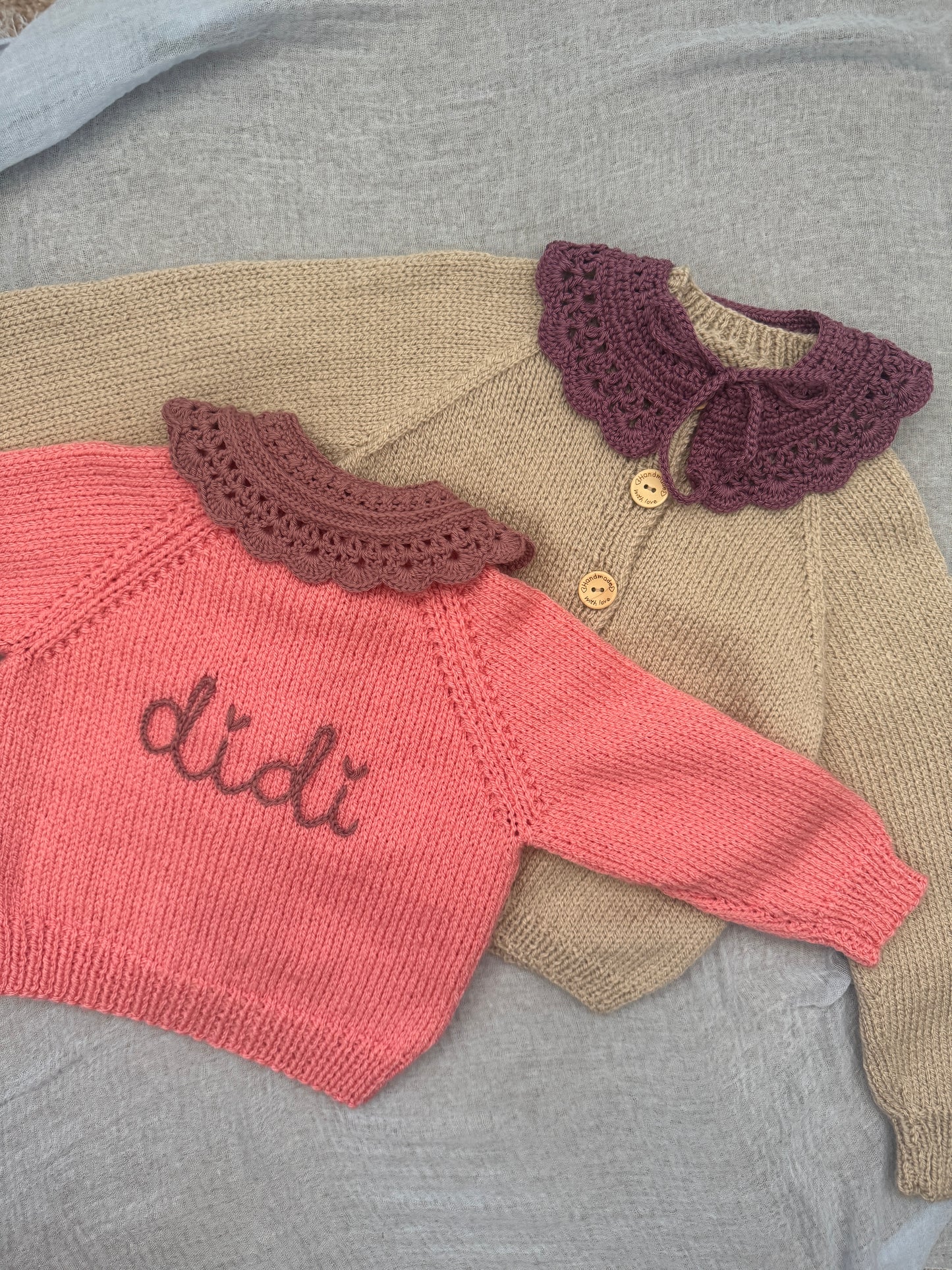Knitted to order crochet collar personalised cardigan