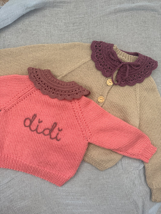 Knitted to order crochet collar personalised cardigan
